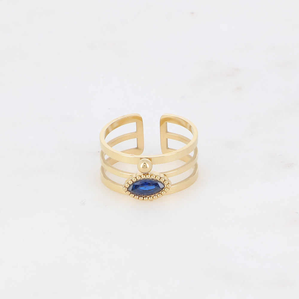 Bague - 3 anneaux, boules et cristal œil marine