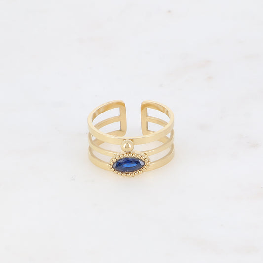 Bague - 3 anneaux, boules et cristal œil marine