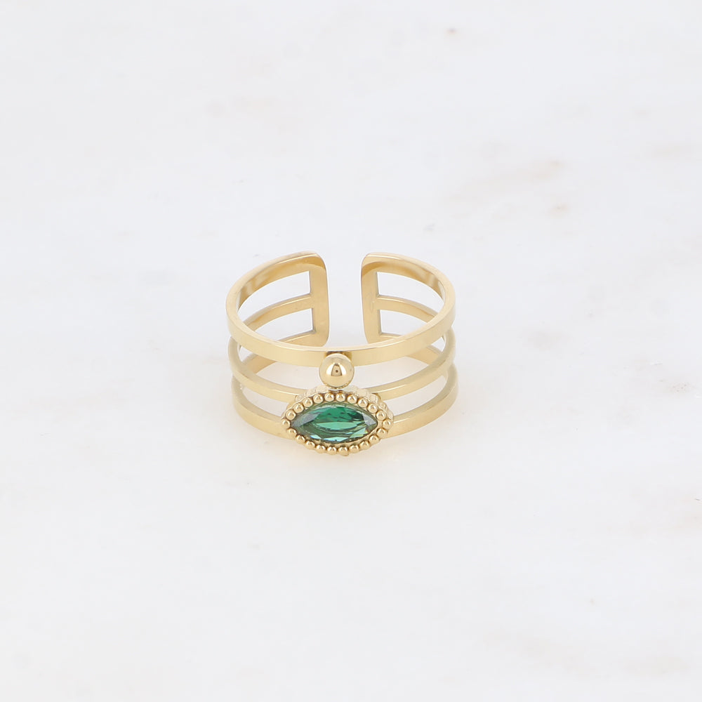 Bague - 3 anneaux, boules et cristal œil vert