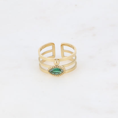 Bague - 3 anneaux, boules et cristal œil vert