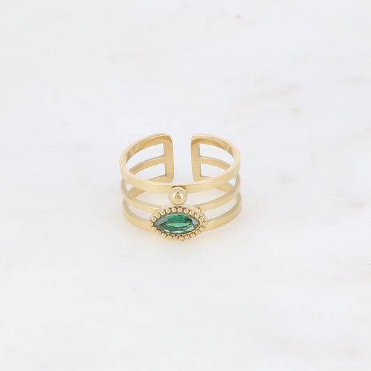 Bague - 3 anneaux, boules et cristal œil vert
