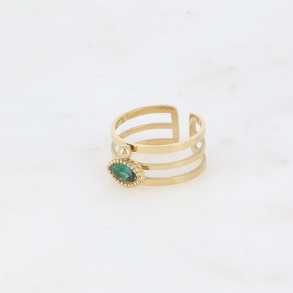 Bague - 3 anneaux, boules et cristal œil vert