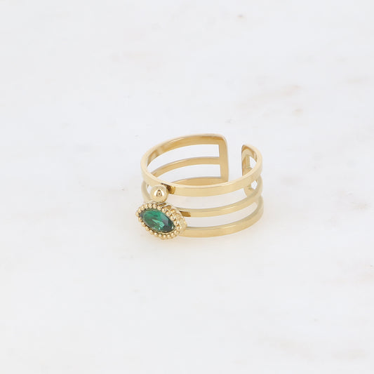 Bague - 3 anneaux, boules et cristal œil vert