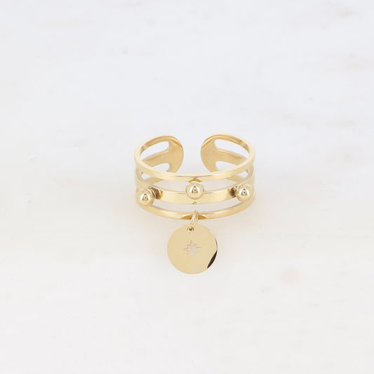 Bague - 3 anneaux, boules et pampille ronde avec étoile ajourée