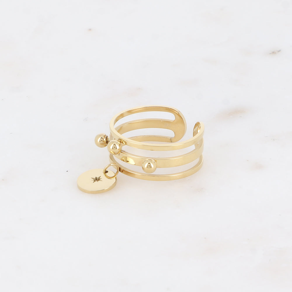 Bague - 3 anneaux, boules et pampille ronde avec étoile ajourée