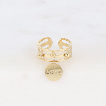 Bague - 3 anneaux, boules et pampille ronde avec LOVE ajouré