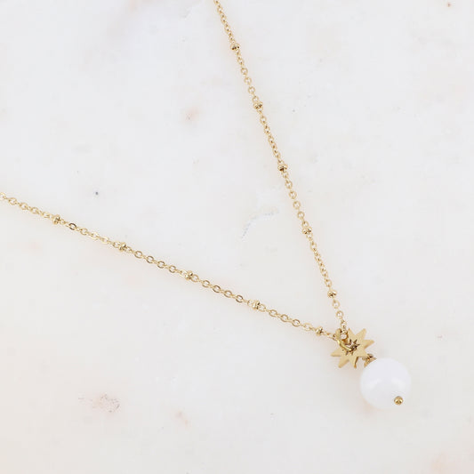 Collier avec pendant boule en pierre naturelle et soleil (38+5CM)