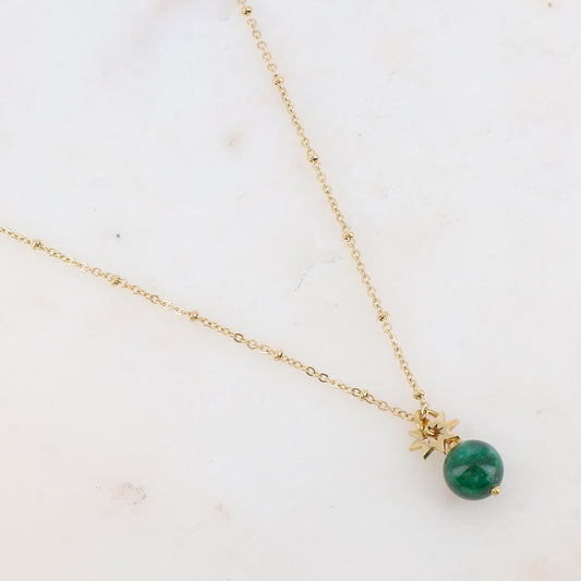 Collier avec pendant boule en pierre naturelle et soleil (38+5CM)