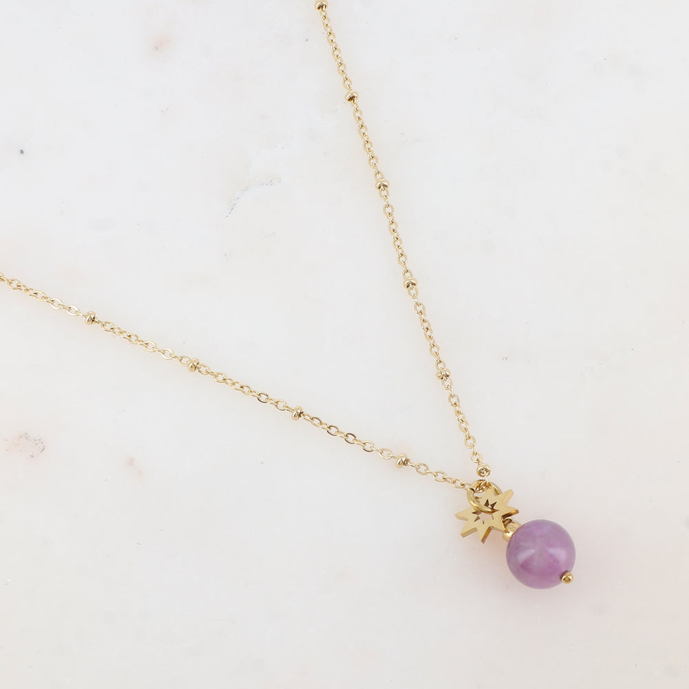 Collier avec pendant boule en pierre naturelle et soleil (38+5CM)