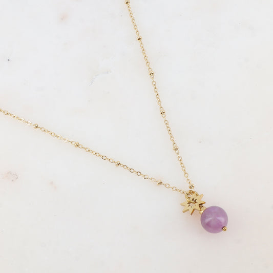 Collier avec pendant boule en pierre naturelle et soleil (38+5CM)