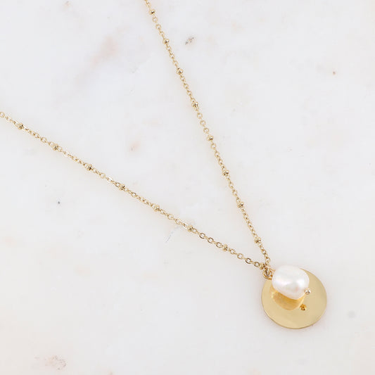 Collier avec pastille lisse et perle d'eau douce (45+5CM)