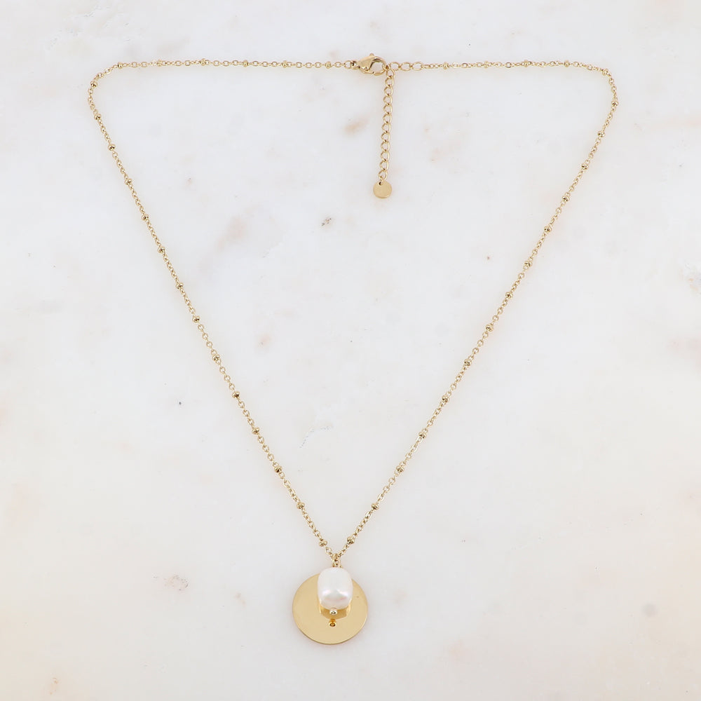 Collier avec pastille lisse et perle d'eau douce (45+5CM)