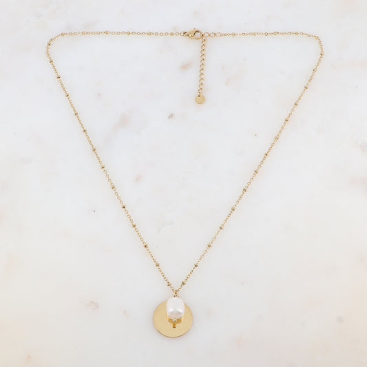 Collier avec pastille lisse et perle d'eau douce (45+5CM)