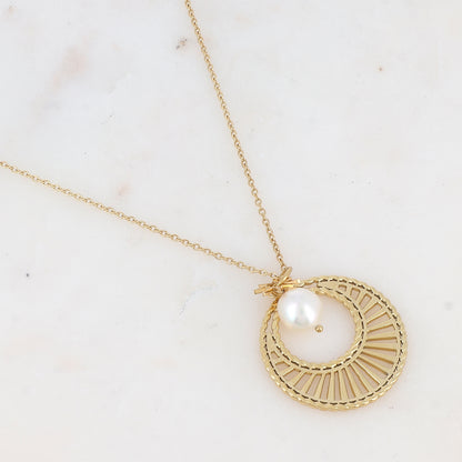 Collier avec pièce géométrique ajourée, perle d'eau douce et soleil (45+5CM)
