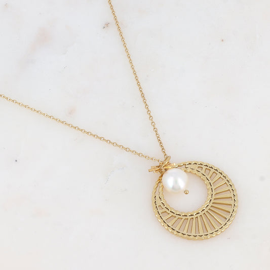 Collier avec pièce géométrique ajourée, perle d'eau douce et soleil (45+5CM)