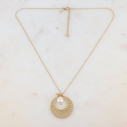 Collier avec pièce géométrique ajourée, perle d'eau douce et soleil (45+5CM)