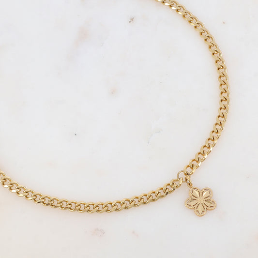 Collier en maille gourmette avec pampille fleur ajourée (37+7CM)