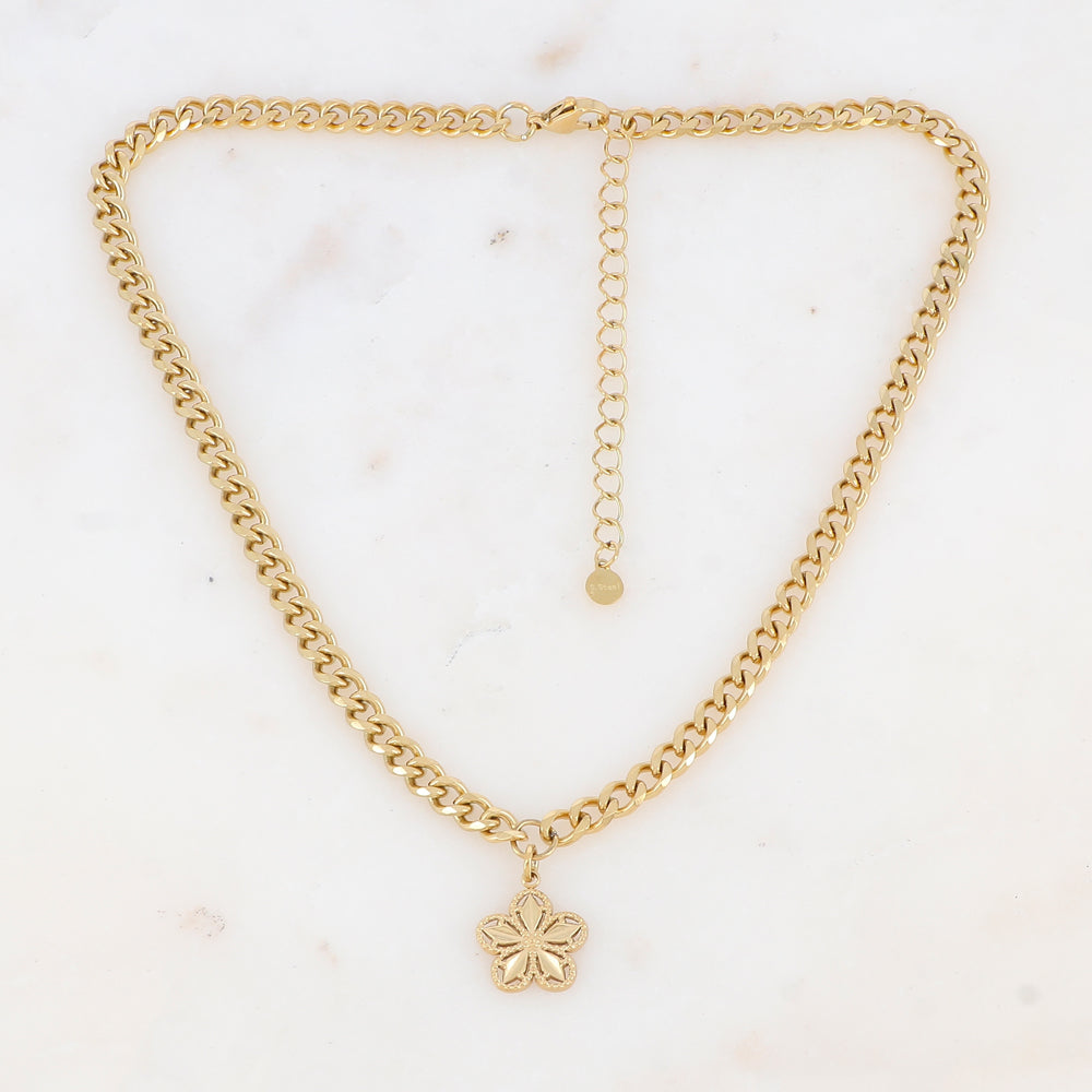 Collier en maille gourmette avec pampille fleur ajourée (37+7CM)