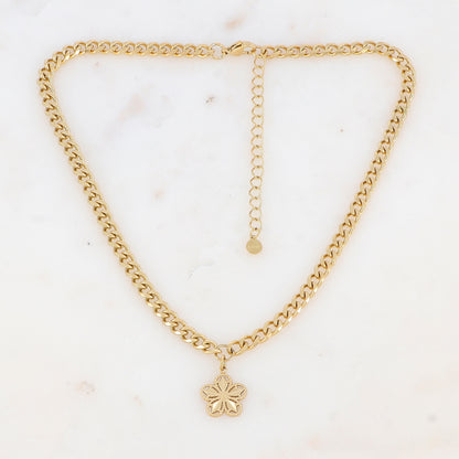 Collier en maille gourmette avec pampille fleur ajourée (37+7CM)