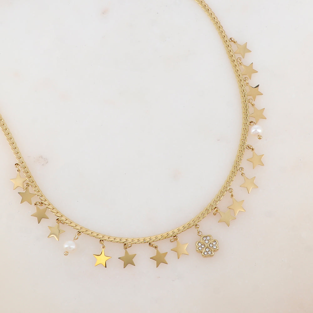 Collier en maille plate avec pampilles étoiles, perles d'eau douce, pampille trèfle avec strass (38+5CM)