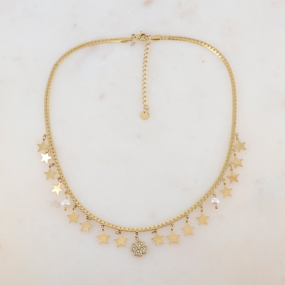 Collier en maille plate avec pampilles étoiles, perles d'eau douce, pampille trèfle avec strass (38+5CM)