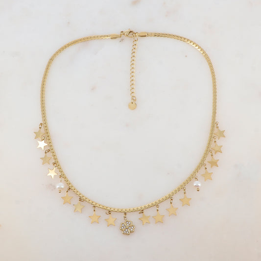 Collier en maille plate avec pampilles étoiles, perles d'eau douce, pampille trèfle avec strass (38+5CM)