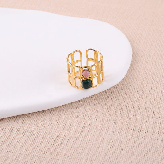 Bague large - anneau ajouré et pierres naturelles rhodonite