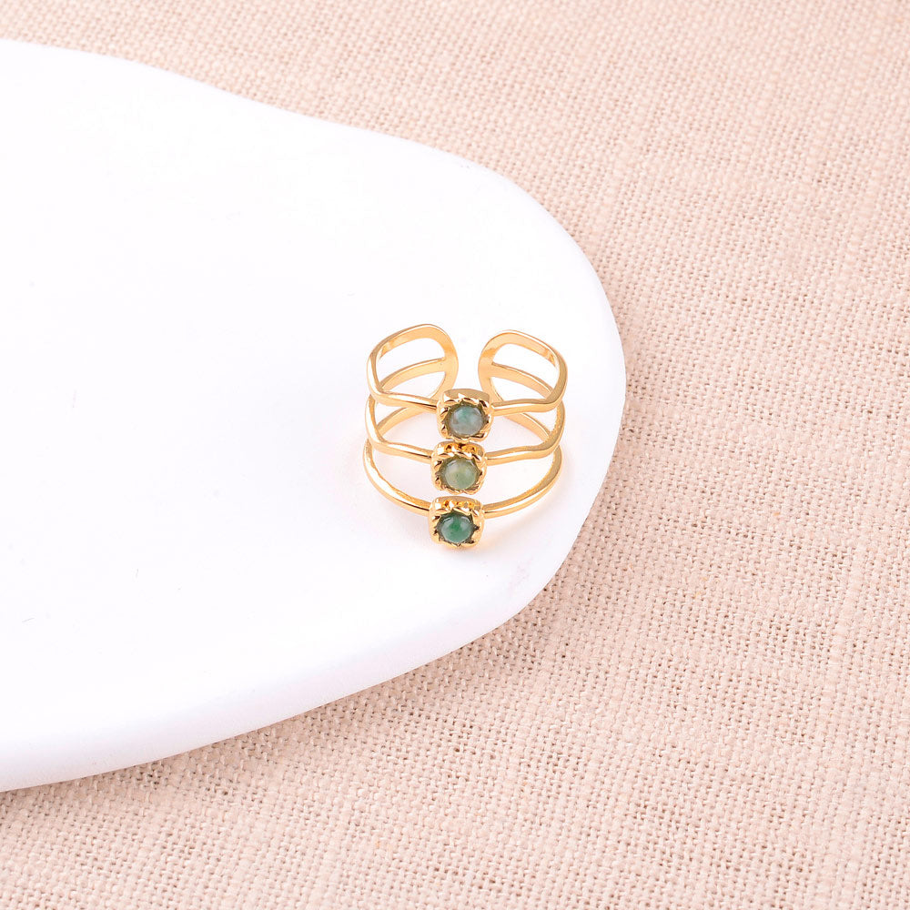 Bague large - 3 rangs ondulés et pierres naturelles jaspe vert