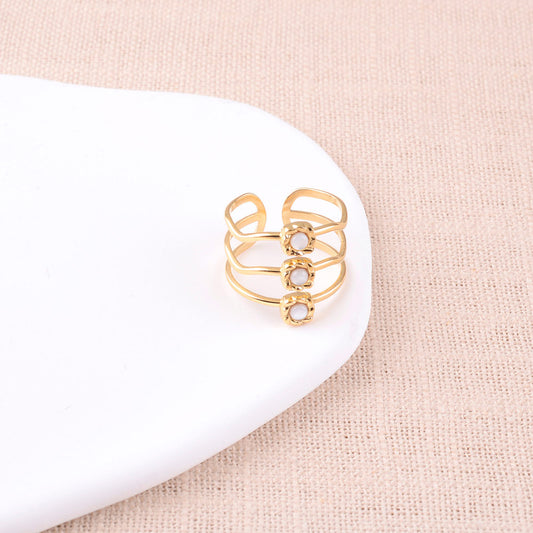 Bague large - 3 rangs ondulés et pierres naturelles nacre blanche