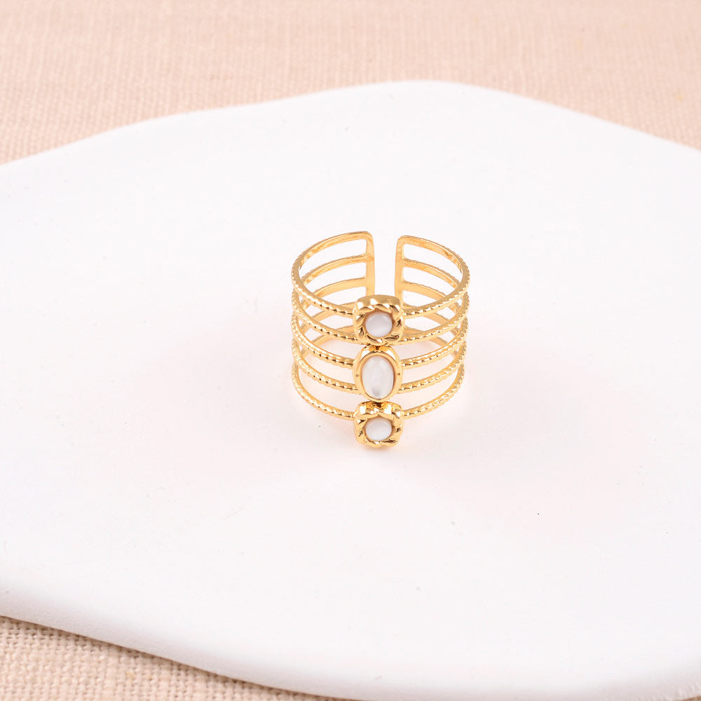 Bague large - 5 rangs martelés et pierres naturelles nacre blanche