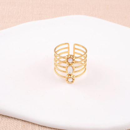Bague large - 5 rangs martelés et pierres naturelles nacre blanche