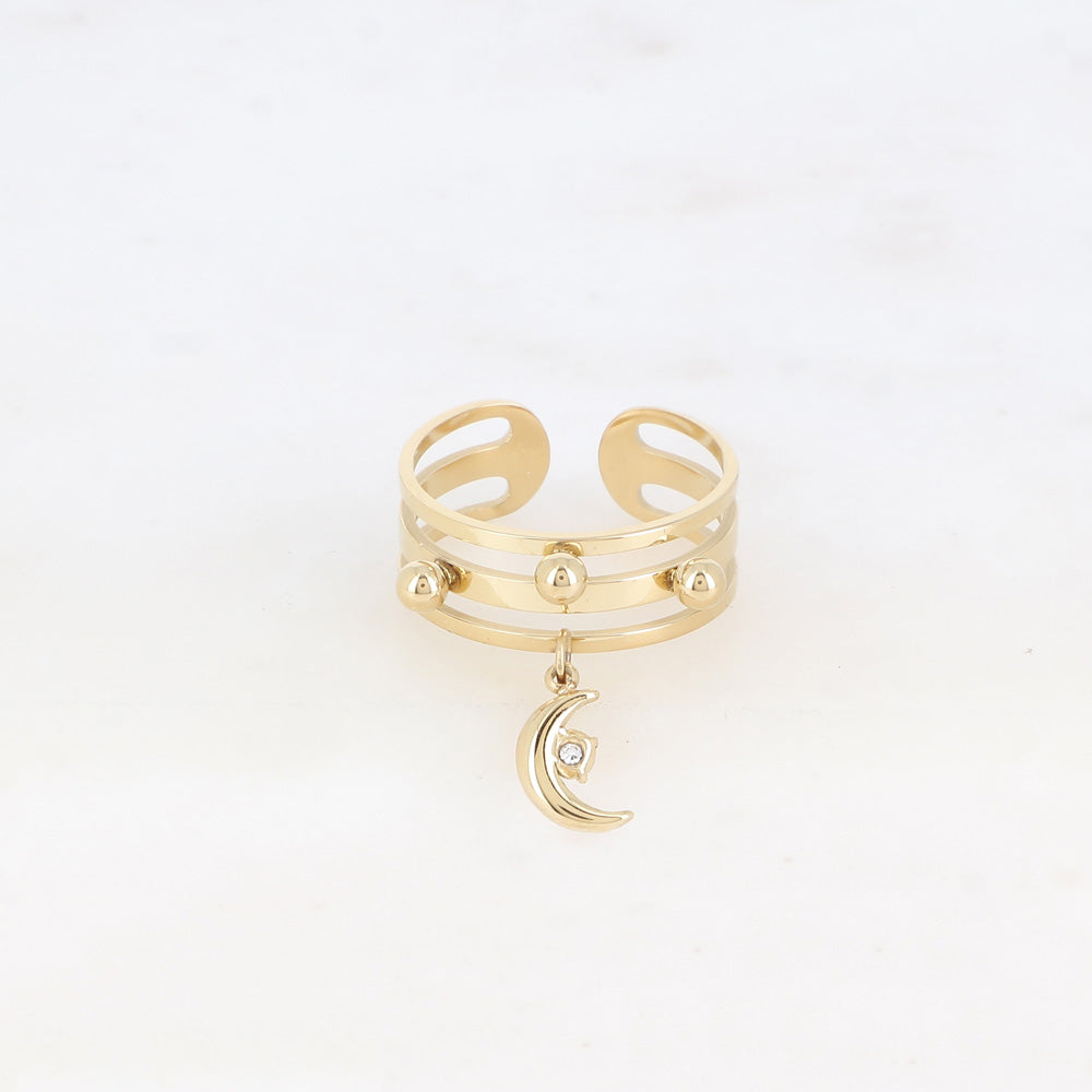 Bague - 3 anneaux avec boules et pampille lune avec cristal