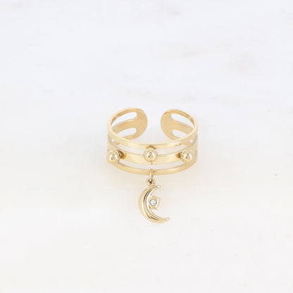 Bague - 3 anneaux avec boules et pampille lune avec cristal