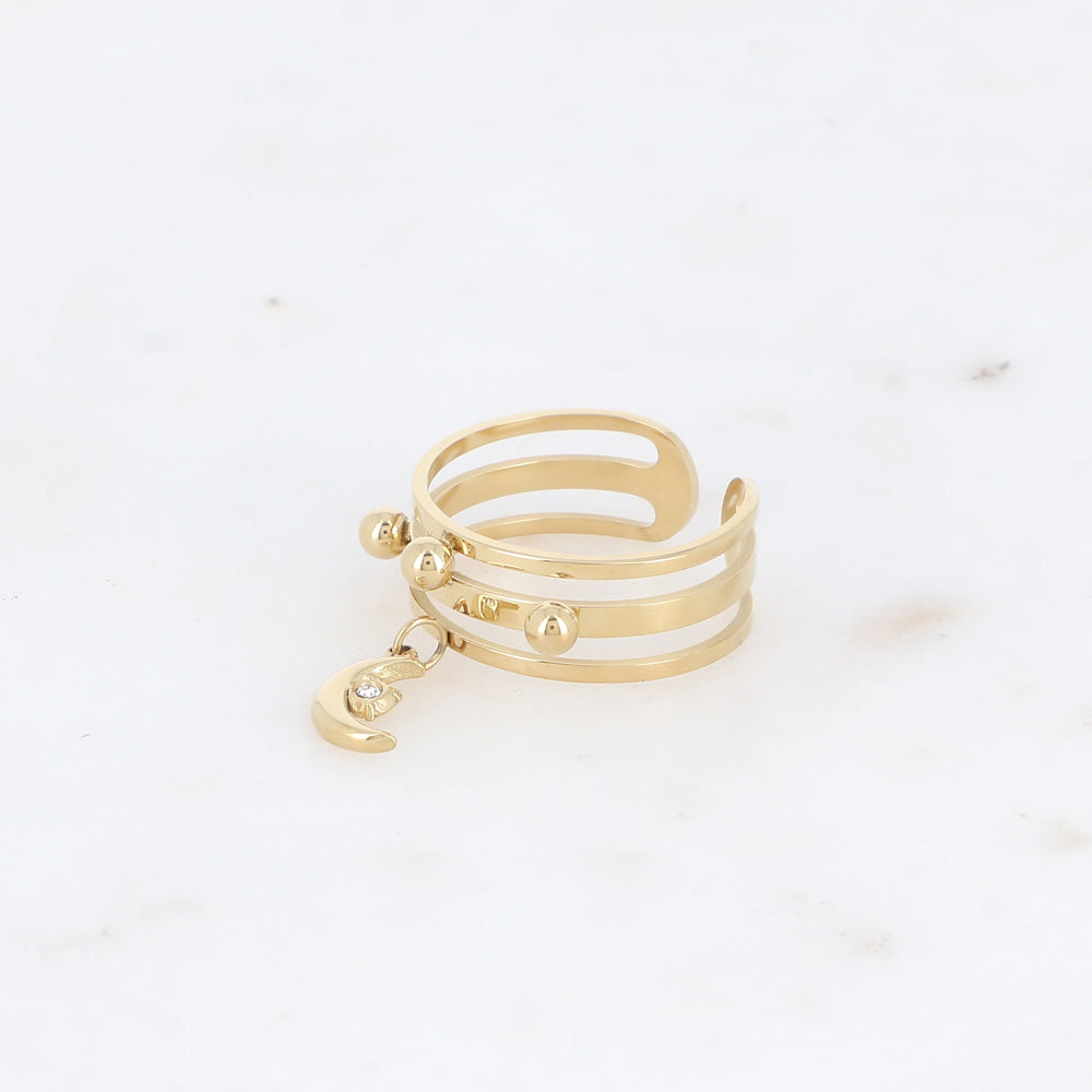 Bague - 3 anneaux avec boules et pampille lune avec cristal