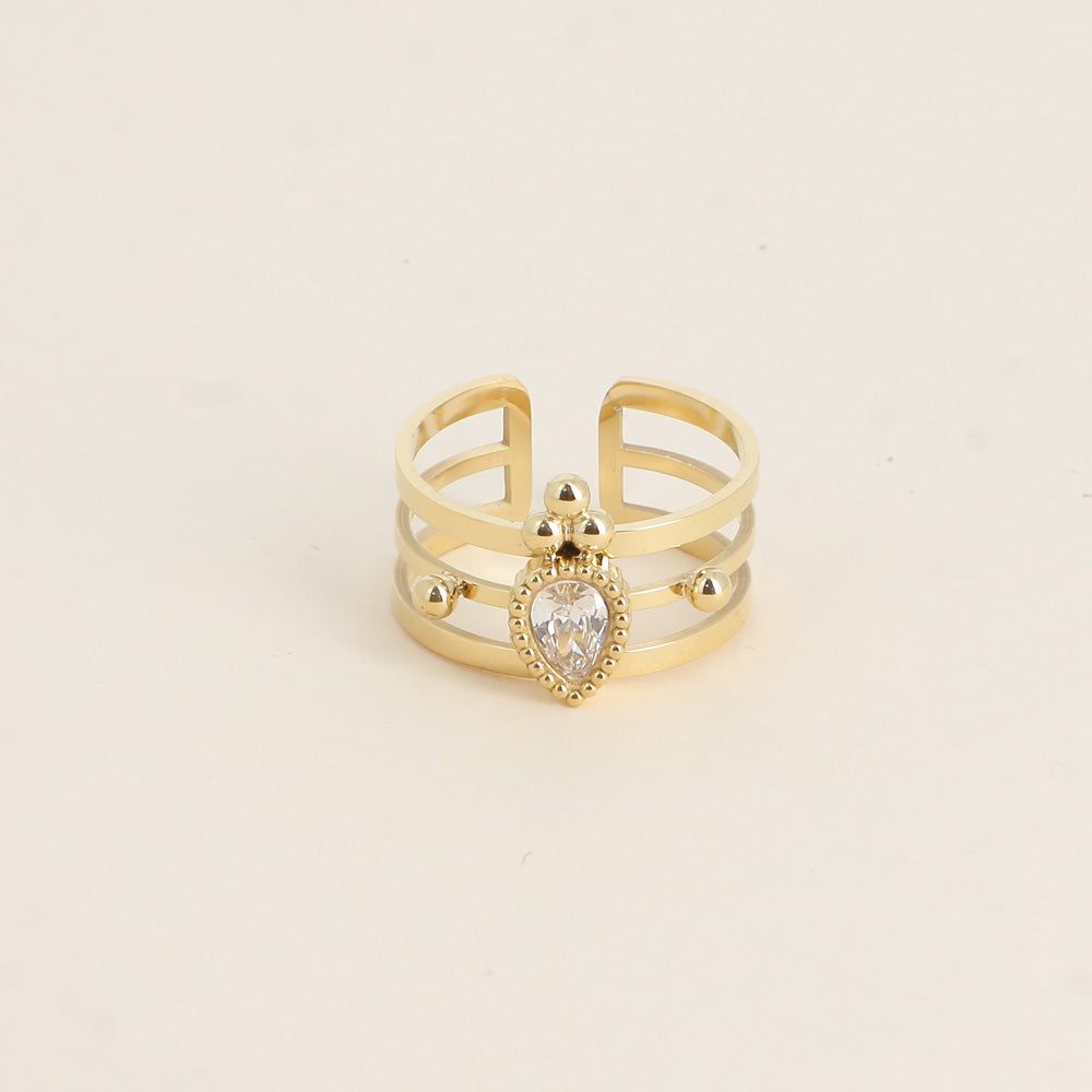 Bague - 3 anneaux, boules et cristal goutte blanc