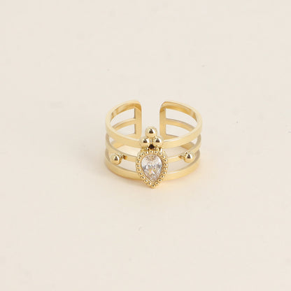 Bague - 3 anneaux, boules et cristal goutte blanc