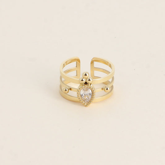 Bague - 3 anneaux, boules et cristal goutte blanc