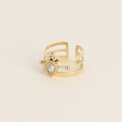 Bague - 3 anneaux, boules et cristal goutte blanc