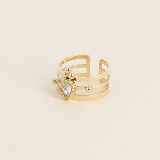 Bague - 3 anneaux, boules et cristal goutte blanc