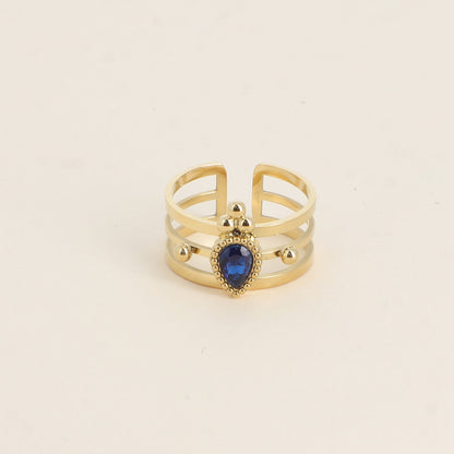 Bague - 3 anneaux, boules et cristal goutte bleu