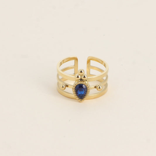 Bague - 3 anneaux, boules et cristal goutte bleu