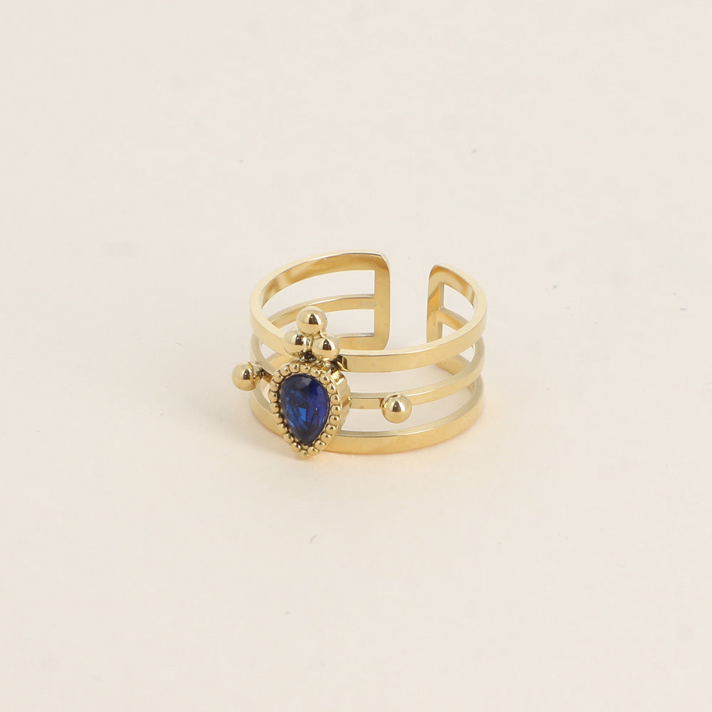 Bague - 3 anneaux, boules et cristal goutte bleu