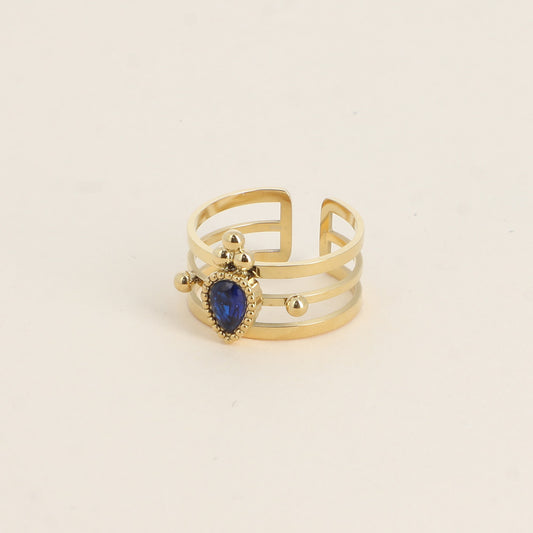 Bague - 3 anneaux, boules et cristal goutte bleu