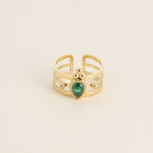 Bague - 3 anneaux, boules et cristal goutte vert