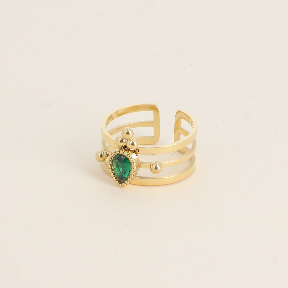 Bague - 3 anneaux, boules et cristal goutte vert