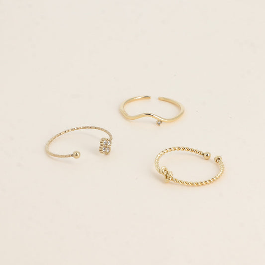 Set de 3 bagues - trèfle et cristaux, petit cristal et nœud torsadé