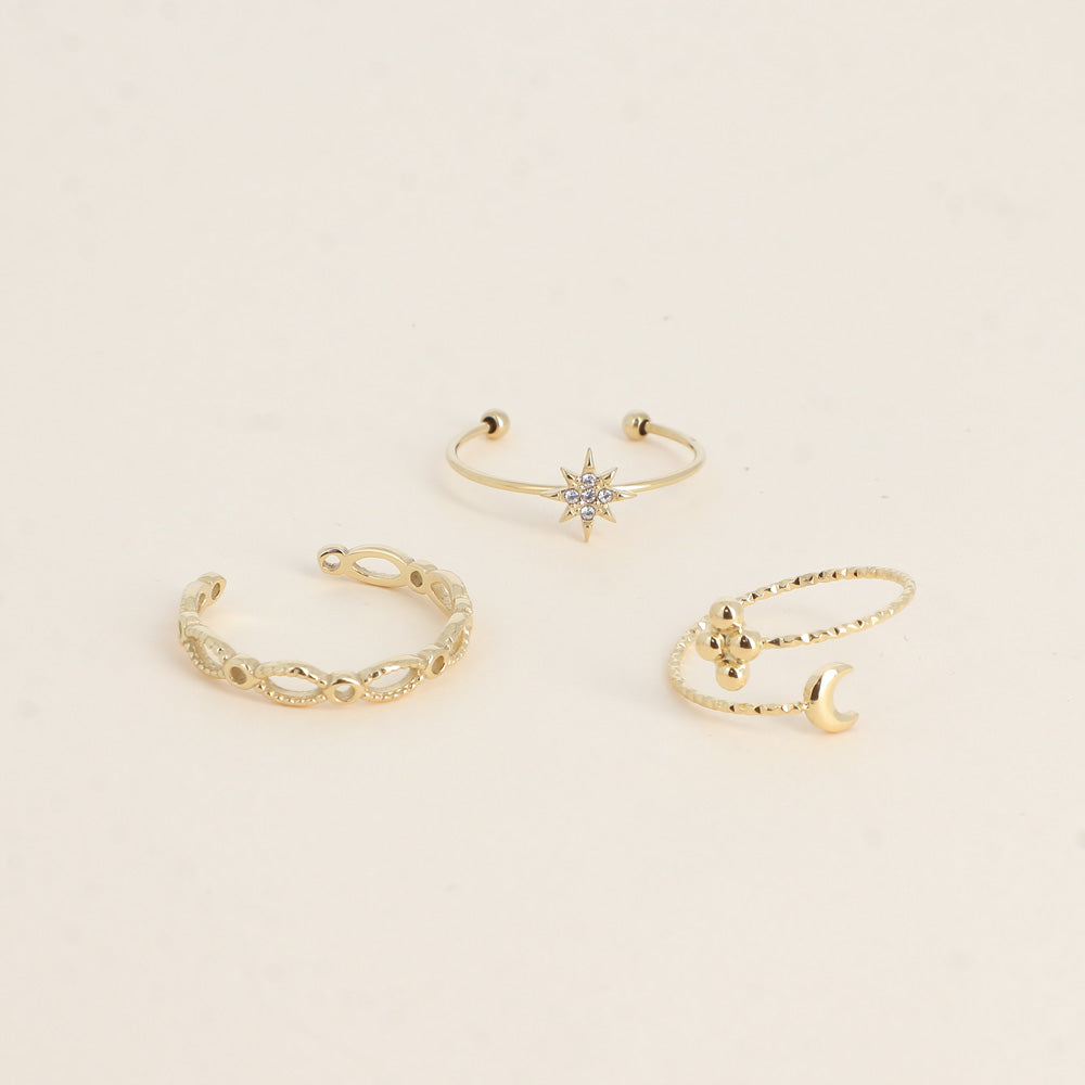 Set de 3 bagues - maille ovale, étoile et cristaux, 3 boules et lune