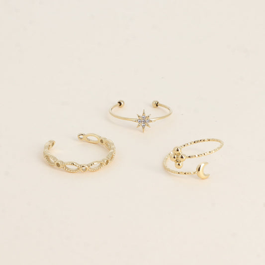 Set de 3 bagues - maille ovale, étoile et cristaux, 3 boules et lune