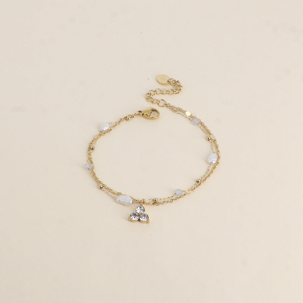 Bracelet Isabeau - 2 rangs, pierres naturelles agates blanches, perles d'eau douce et 3 cristaux (16+3 cm)