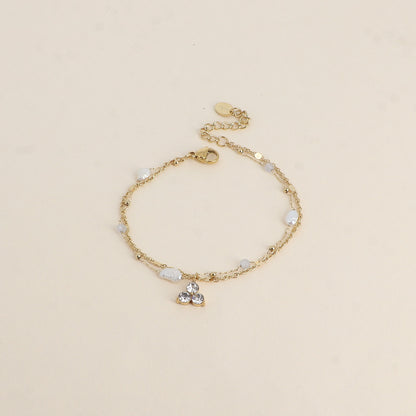 Bracelet Isabeau - 2 rangs, pierres naturelles agates blanches, perles d'eau douce et 3 cristaux (16+3 cm)